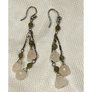 Faceted Rose Quartz And Jade Stone Long Dangle Sterling Silver Earrings